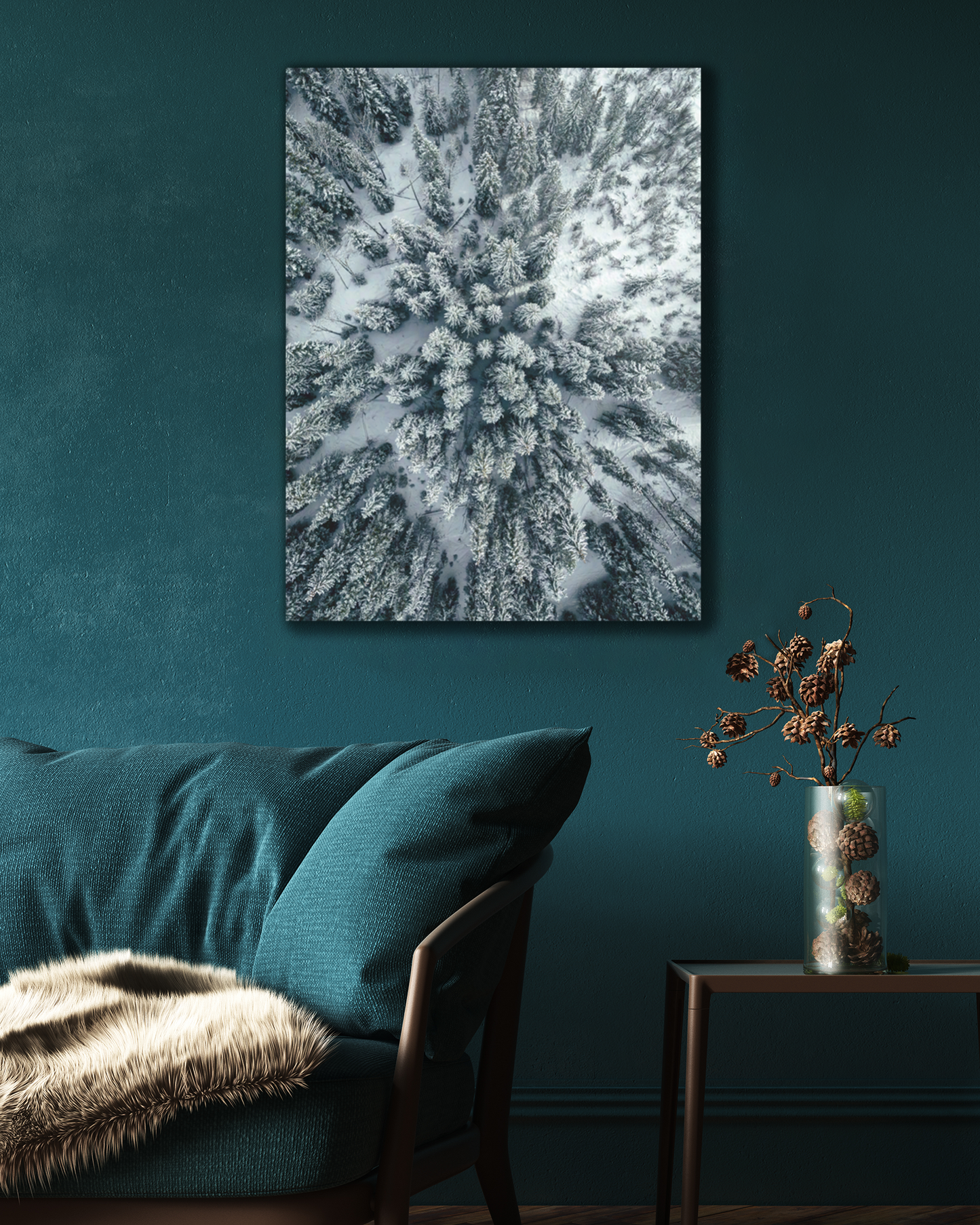 Framed photograph of snowy treetops in Canada