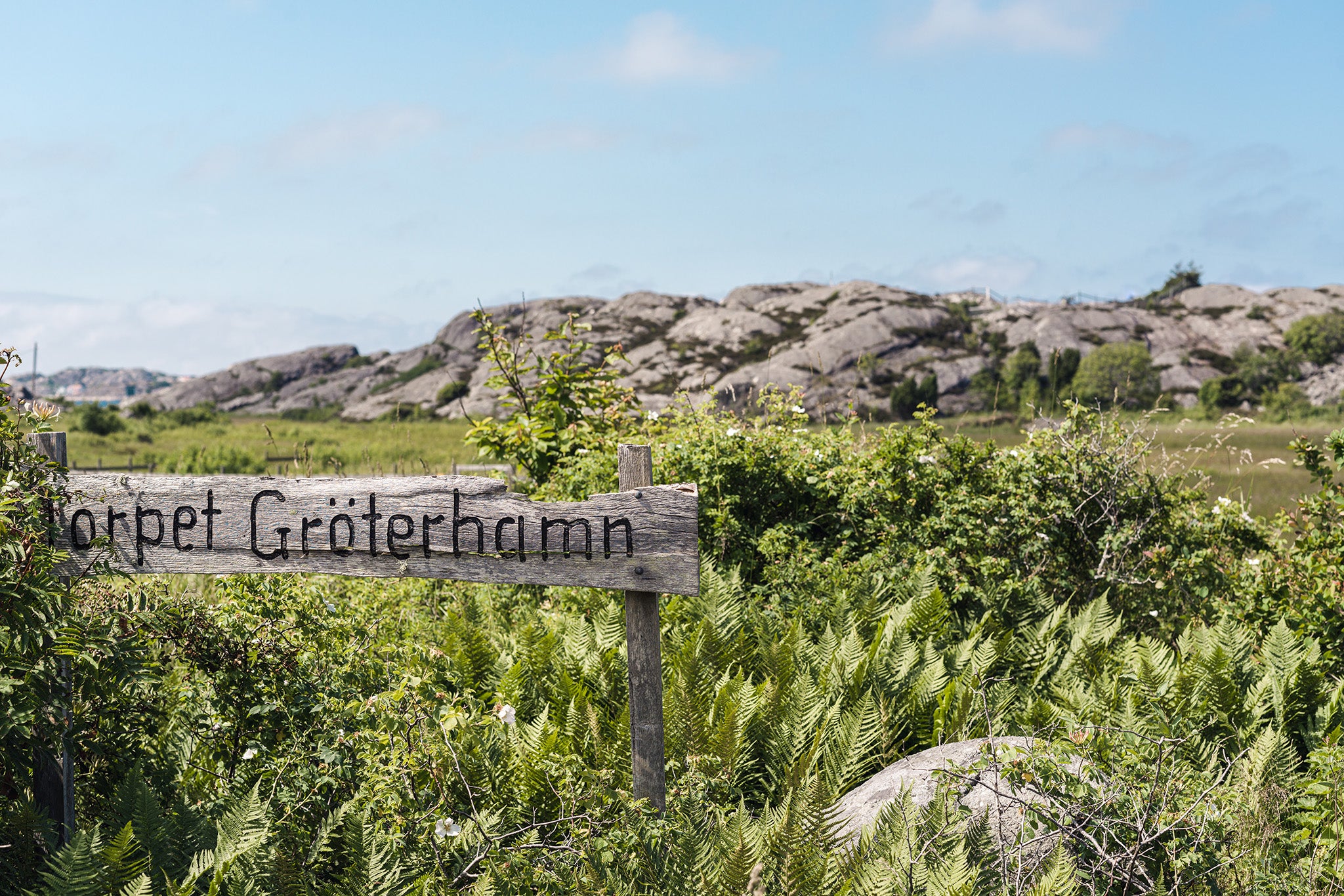 Wooden sign with "Torper Gröterhamn" marked on, in a field of wild plants with a stone hill on the background 